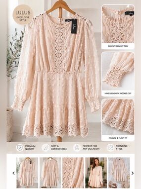 Lulus Blush Crochet Lace Mini Dress Boho Romantic Long Sleeve Size M